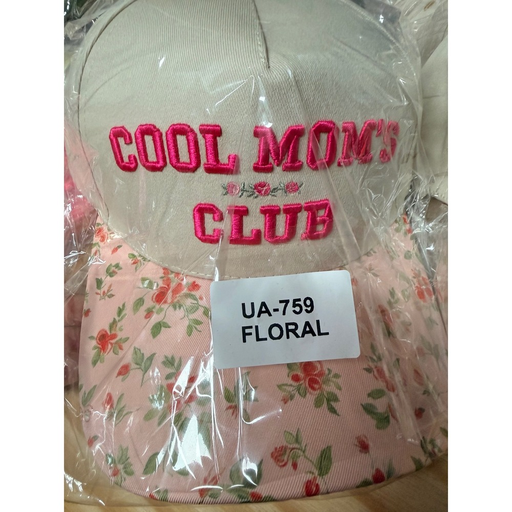 Cool Mom's Club Baseball Cap Floral Print Brim Beige Pink Embroidered Hat UA-759